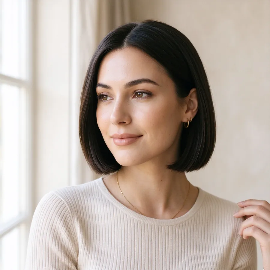 Woman wearing a glossy long hairstyle