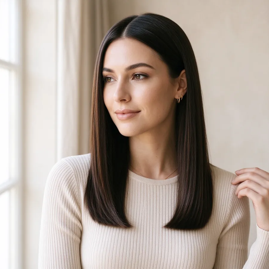 Woman wearing a glossy long hairstyle